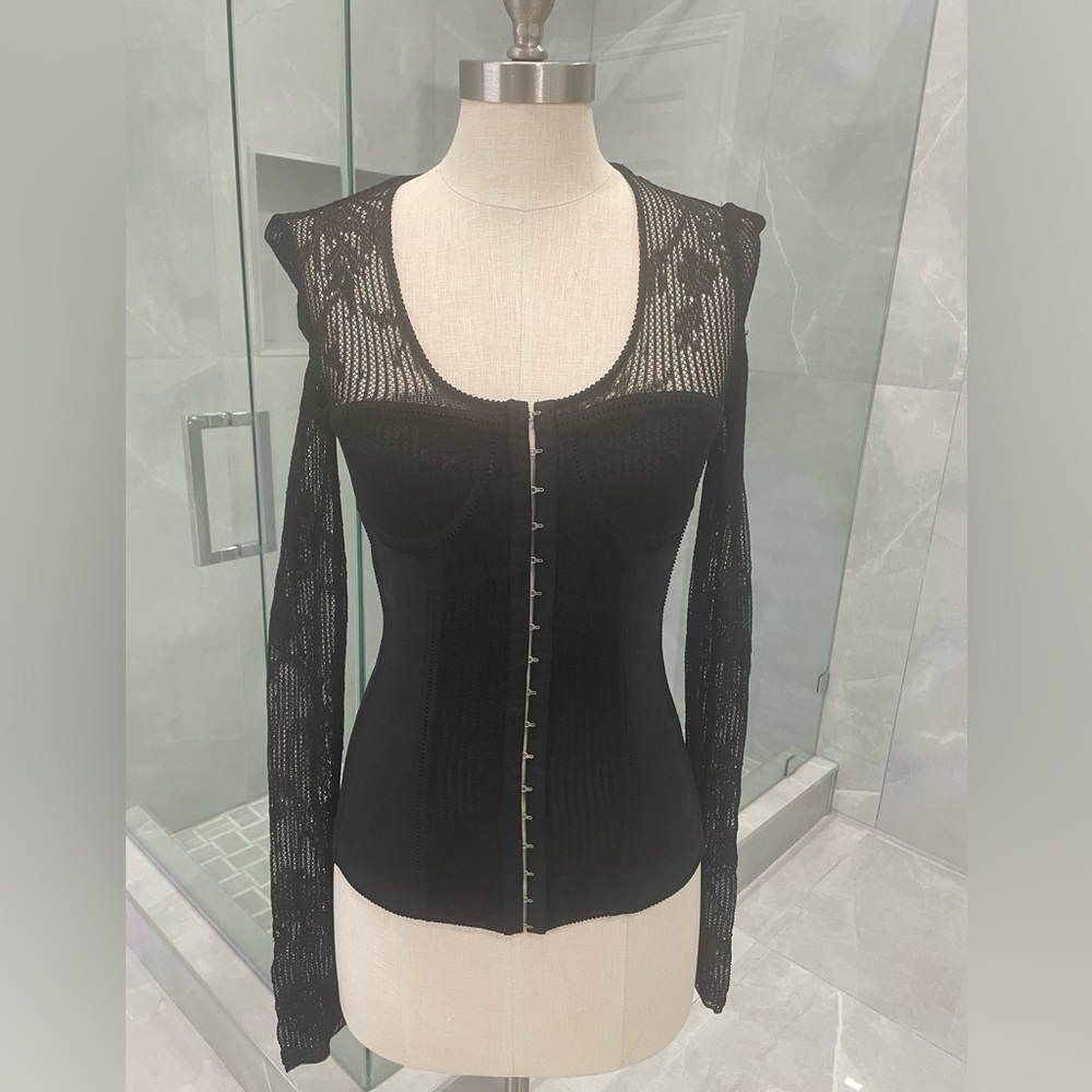 CHRISTIAN DIOR BLACK LONG SLEEVE SEE THROUGH CORSET TOP SIZE MEDIUM